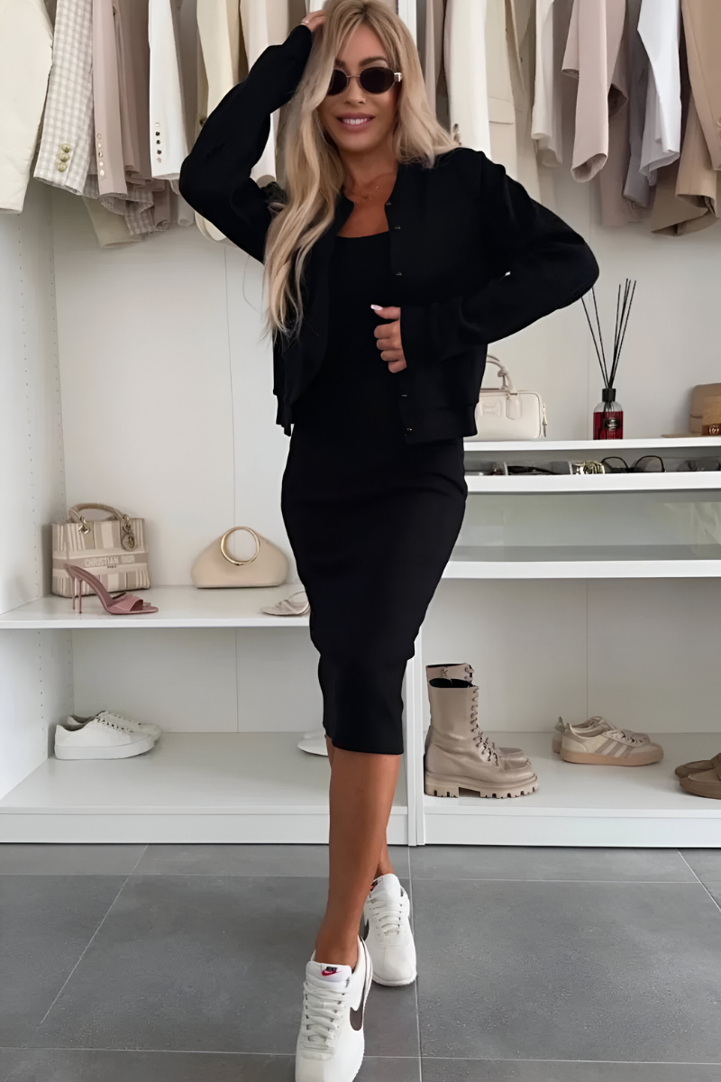 Ribbed knit midi dress & bomber jacket set